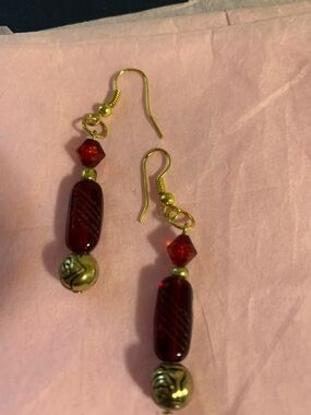 Gold and Deep Red Bead Dangle Earrings - Women Jewelry